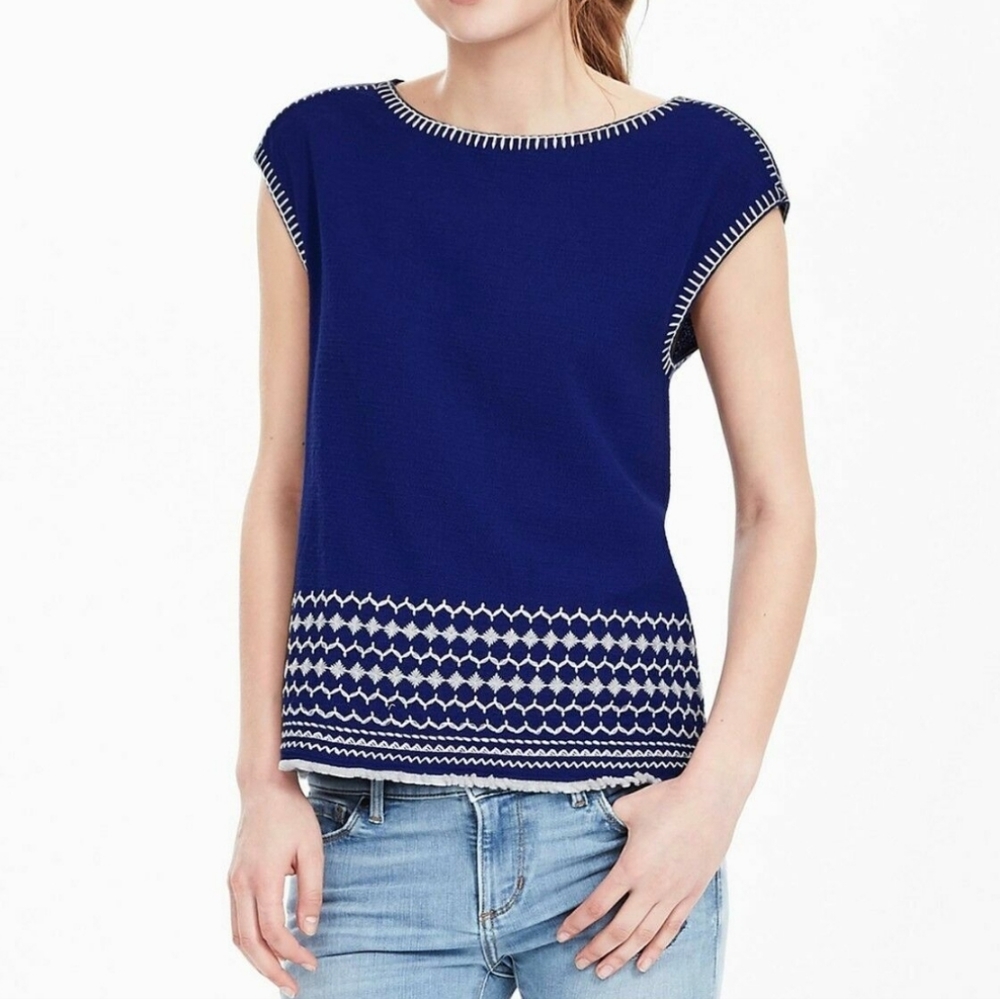 Banana Republic Sleeveless Top Embroidered Crepe  Cobalt Blue Shirt xs
